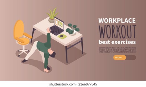 Isometric workplace workout horizontal banner with best exercises headline and more button vector illustration