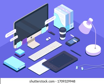 Isometric workplace.Flat vector illustration isolated on 
lilac background. Graphic tablet, phone,computer, headphones, diary, stationery, lamp, coffee,messages. Can be used for web banner.