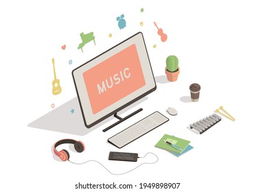 Isometric worksbackground. Music online education conceptpace with computer, smartphone, headphones on white 