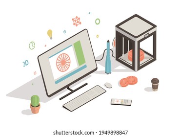 Isometric workspace with 3d printer and computer