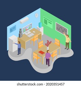 Isometric workspace analysis candle cryptocurrency flat design illustration