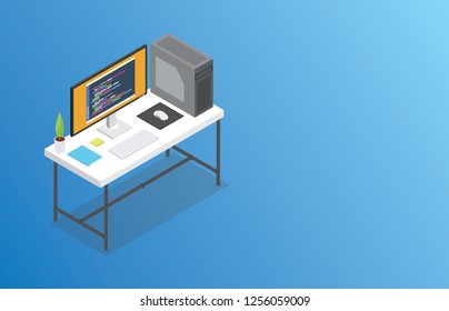 isometric workspace with big space for banner or free text vector illustration