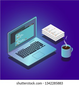 Isometric workspace composition with laptop and papers. 3d vector illustration.