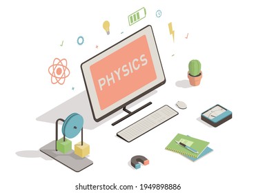 Isometric workspace with computer, ammeter, magnet on white background. Physics online education concept