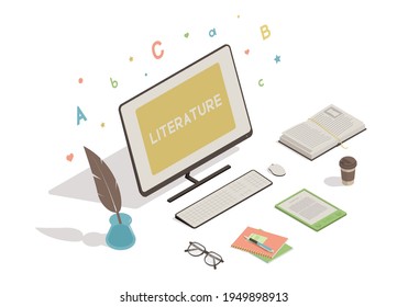 Isometric workspace with computer, book on white background. Literature online education concept