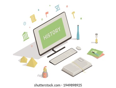 Isometric workspace with computer, book on white background. History online education concept