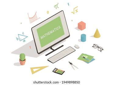 Isometric workspace with computer, calculator, ruler on white background. mathematics online education concept