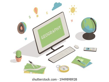 Isometric workspace with computer, globus, map, compass on white background. Geography online education concept