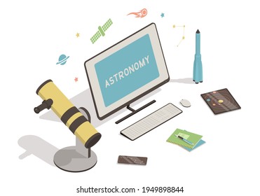 Isometric workspace with computer, telescope, rocket on white background. Astronomy online education concept