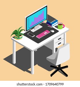 Isometric workspace. Desk. Vector illustration.