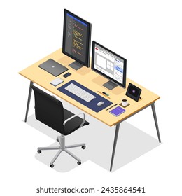 Isometric workspace. Development or designer office place with computer, monitor and tablets. Work chair and laptop, programmer pithy vector space