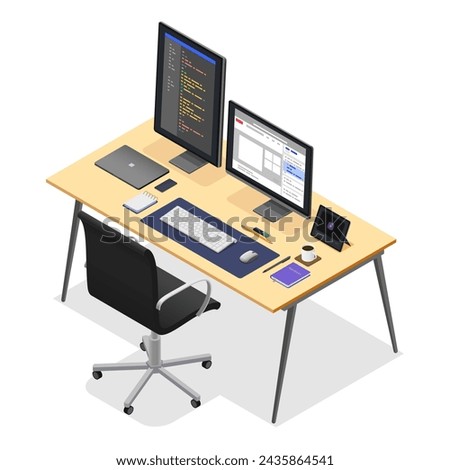 Isometric workspace. Development or designer office place with computer, monitor and tablets. Work chair and laptop, programmer pithy vector space