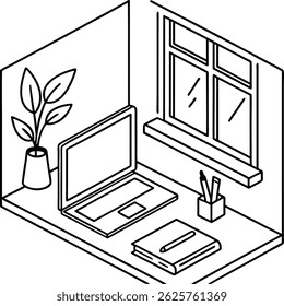 Isometric Workspace With Laptop Plant Window And Notebook Outline Design