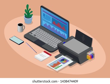 isometric workspace with laptop and printer