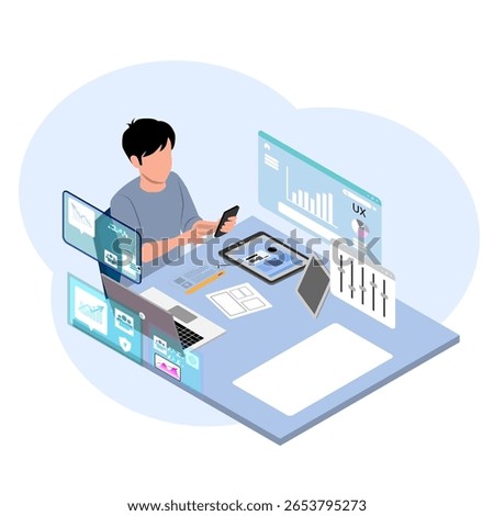 Isometric workspace of a person designing mobile UX UI at home. Floating screens, tablets, and graphs show digital productivity in a smart, minimal setup.