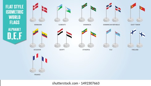 Isometric World Flags Alphabet D-E-F countries Flat Style