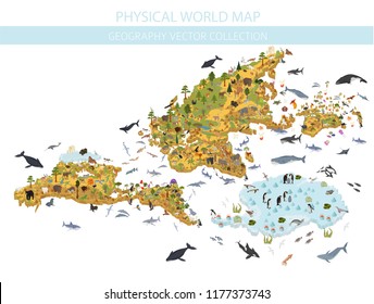 Isometric world flora and fauna map constructor elements. Animals, birds and sea life isolated big set. Build your own geography infographics collection. Vector illustration