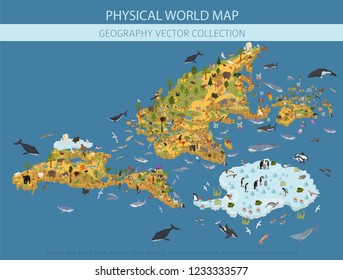 Isometric world flora and fauna map constructor elements. Animals, birds and sea life isolated big set. Build your own geography infographics collection. Vector illustration