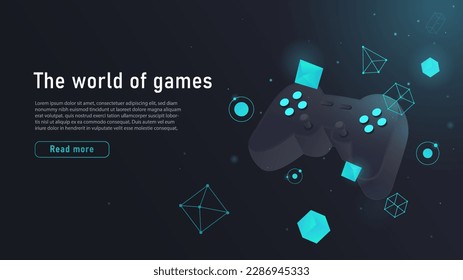 Isometric world of games. Gamepad or controller near three dimensional geometric shapes. Entertainment and fun. Cyberspace and metaverse. Landing page design. Cartoon vector illustration