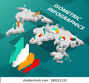 Isometric World Map With Business Infographics Design Elements Vector Illustration