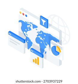 Isometric World Map and data charts. Digital dashboard and business metrics visualization. Online Analysis and Global Marketing performance. Vector illustration