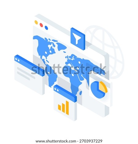 Isometric World Map and data charts. Digital dashboard and business metrics visualization. Online Analysis and Global Marketing performance. Vector illustration