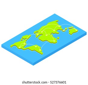 Isometric world map with flight destinations from major capital cities. Stylized 3D flat vector illustration.