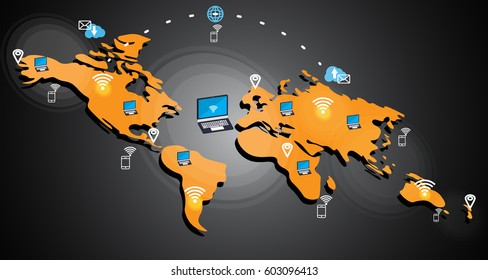 isometric world map and icon technology network flat style