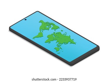 isometric world map on smartphone isolated on white background