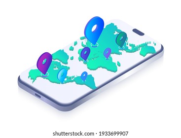 Isometric world map with pins on the phone screen. Volumetric vector illustration
