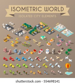 Isometric World On Dark Background. Set Of Isolated Minimal City Elements.