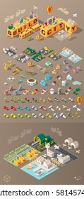 Isometric World on Dark Background . Set of Isolated Minimal City Elements