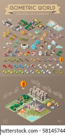 Isometric World on Dark Background . Set of Isolated Minimal City Elements
