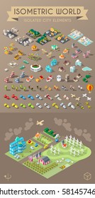 Isometric World on Dark Background . Set of Isolated Minimal City Elements