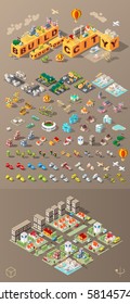 Isometric World on Dark Background . Set of Isolated Minimal City Elements