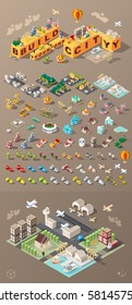 Isometric World On Dark Background . Set Of Isolated Minimal City Elements