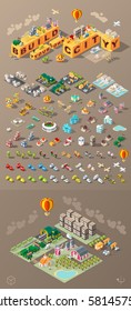 Isometric World on Dark Background . Set of Isolated Minimal City Elements