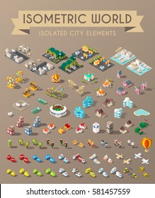 Isometric World On Dark Background . Set Of Isolated Minimal City Elements