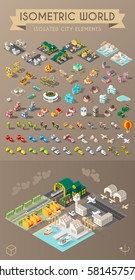 Isometric World on Dark Background . Set of Isolated Minimal City Elements