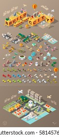 Isometric World on Dark Background . Set of Isolated Minimal City Elements