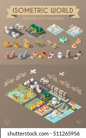 Isometric World. Set of Isolated Minimal City Elements. Town with Shadows on Dark Background.