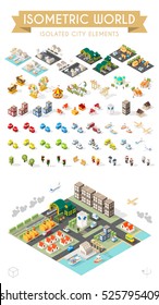 Isometric World. Set of Isolated Minimal City Elements. Town with Shadows on White Background.