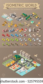 Isometric World. Set Of Isolated Minimal City Elements.