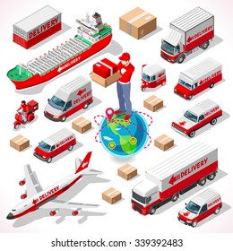 Isometric Worldwide Express Delivery Concept 3D Flat Illustration Logistic Transportation Icon Set Logistics Service Vehicles Fleet Truck Airplane Object Shipment Fast Vector Infographic App Image 