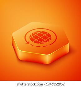 Isometric Worldwide shipping and cardboard box icon isolated on orange background. Orange hexagon button. Vector Illustration