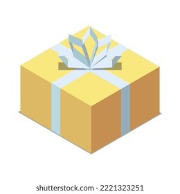 Isometric wrapped yellow gift box with ribbon bow 3d vector illustration
