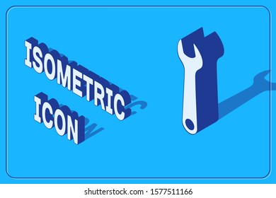 Isometric Wrench icon isolated on blue background. Spanner repair tool. Service tool symbol.  Vector Illustration