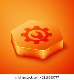 Isometric Wrench spanner and gear icon isolated on orange background. Adjusting, service, setting, maintenance, repair, fixing. Orange hexagon button. Vector Illustration
