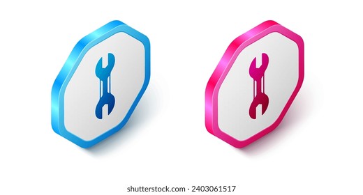 Isometric Wrench spanner icon isolated on white background. Spanner repair tool. Service tool symbol. Hexagon button. Vector