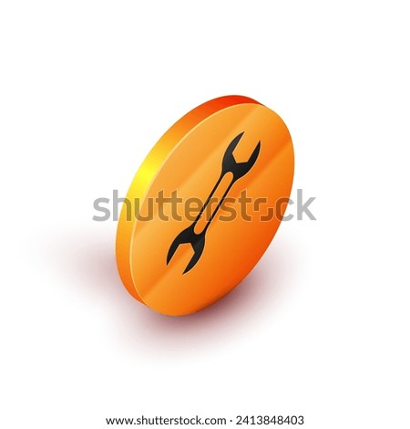 Isometric Wrench spanner icon isolated on white background. Orange circle button. Vector